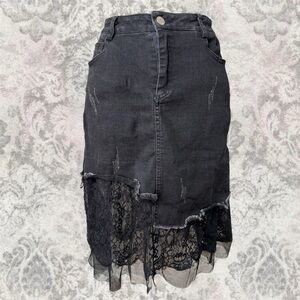Black Denim Lace Whimsigoth Western Maxi Women’s Medium Comfy Fall Skirt